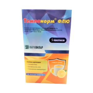 Темпонорм Флю порошок для приготовления раствора для приёма внутрь 325мг+10мг+20мг+50мг со вкусом лимона пакетики №5