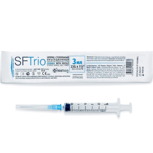 Шприц стерильный инъекционный однократного применения объемом 3мл с иглой 23G x 1 ¼ (0.6 x 30 мм) SFTrio №1