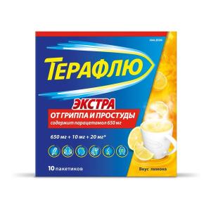 ТераФлю Экстра порошок для приготовления раствора для приема внутрь лимонный 650мг+10мг+20мг пакетики №10
