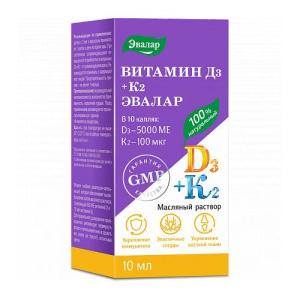 Витамин D3 + К2 Эвалар капли флакон с дозатором-капельницей 10мл 